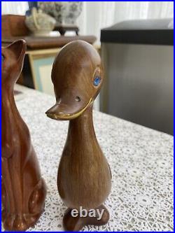 3 Vintage MCM Mid Century Modern Carved Wood Glass Eyes Animals REDUCED SALE