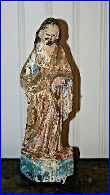 ANTIQUE CARVED WOOD POLYCHROME SANTOS GLASS EYES Religious Folk Art Statue #2