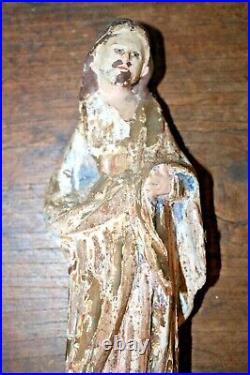 ANTIQUE CARVED WOOD POLYCHROME SANTOS GLASS EYES Religious Folk Art Statue #2
