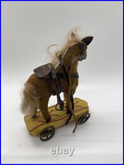 ANTIQUE GERMAN WOOD & Wool HORSE PULL TOY With Saddle Glass Eyes