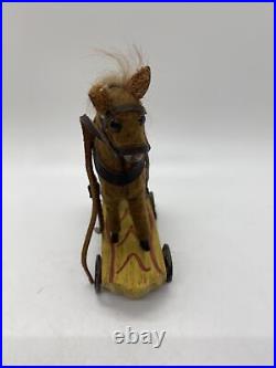 ANTIQUE GERMAN WOOD & Wool HORSE PULL TOY With Saddle Glass Eyes