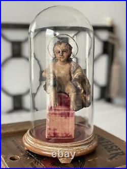 ANTIQUE SPANISH CARVED WOOD FIGURE OF CHILD CHRIST With METAL HALO GLASS EYES