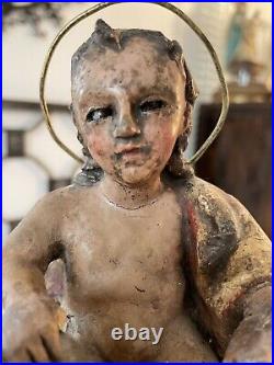 ANTIQUE SPANISH CARVED WOOD FIGURE OF CHILD CHRIST With METAL HALO GLASS EYES