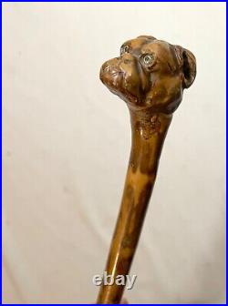Antique 1800's hand carved natural wood bulldog dog cane walking stick glass eye