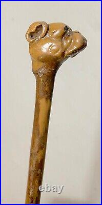 Antique 1800's hand carved natural wood bulldog dog cane walking stick glass eye