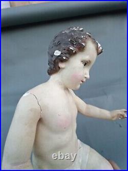 Antique 19th C Carved Wood Glass Eye Santos Jesus Child 19 sitting or standing