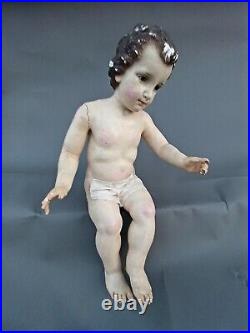 Antique 19th C Carved Wood Glass Eye Santos Jesus Child 19 sitting or standing