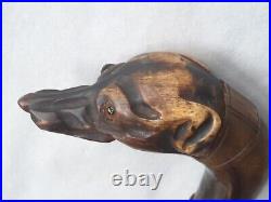 Antique 35 Carved Folk Art Wood Horn Dog Head Walking Stick Cane With Glass Eyes