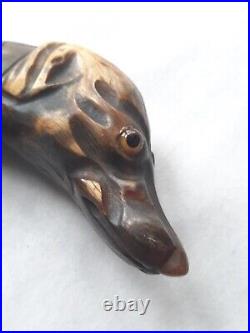 Antique 35 Carved Folk Art Wood Horn Dog Head Walking Stick Cane With Glass Eyes