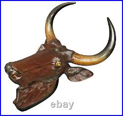 Antique Black Forest Huge Wood Carved Bull Head With Real Horns And Glass Eyes