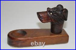 Antique Black Forest Swiss Wood Carved Dog Head Pipe Stand Glass Eyes
