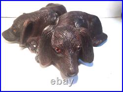 Antique Black Forest Swiss Wood Carved Opposite Pair Puppies Dog Glass Eyes