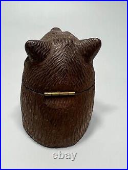 Antique Black Forest Wooden Inkwell Pen Holder Carved Wood Bear Glass Eyes