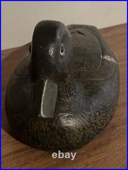 Antique Carved Wood Black Duck Decoy Glass Eyes