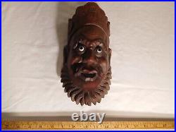 Antique Chinese Carved Wood Man Head Face Glass Eyes Beard bovine bone tooth