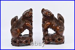 Antique, Chinese, carved wood, pair, Fu lions, glass eyes, 7 inches tall
