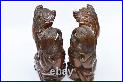Antique, Chinese, carved wood, pair, Fu lions, glass eyes, 7 inches tall