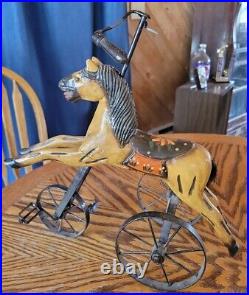 Antique Doll Wood & Iron Hand Carved Horse Tricycle Glass Eyes Nursery Decor