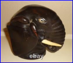Antique Ebonized Wood Carved Elephant Head Inkwell Glass Eyes AS IS
