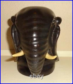 Antique Ebonized Wood Carved Elephant Head Inkwell Glass Eyes AS IS