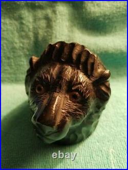 Antique English Wood Lion Head Glass Eyes Ink Well And Pen Wiper