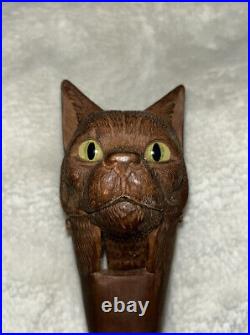 Antique German Black Forest Carved Wood Cat Nut Cracker Glass Eyes Oberammergau