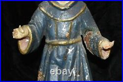 Antique Hand Carved Wood Colonial Santos Monk Padre Figure Glass Eyes 15T