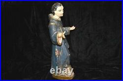 Antique Hand Carved Wood Colonial Santos Monk Padre Figure Glass Eyes 15T