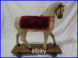 Antique Horse Pull Toy Horse Hide Covered Carved Wood w Blanket Glass Eyes 18 in