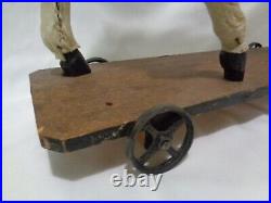 Antique Horse Pull Toy Horse Hide Covered Carved Wood w Blanket Glass Eyes 18 in
