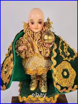 Antique Infant Jesus Statue Religious Artifact Wood Glass Eyes Missing Crown 12