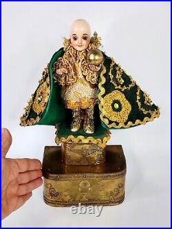 Antique Infant Jesus Statue Religious Artifact Wood Glass Eyes Missing Crown 12