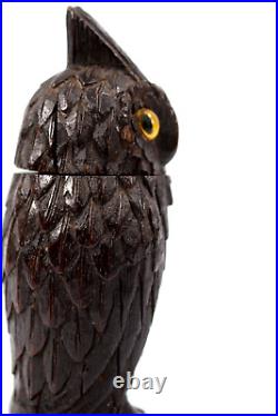 Antique Irish Bog Wood Owl Match Keep Glass Eyes Circa 1890