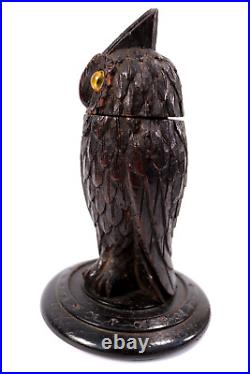 Antique Irish Bog Wood Owl Match Keep Glass Eyes Circa 1890