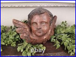 Antique Italian Hand Carved Wood Cherub Putto Putti with Glass Eyes