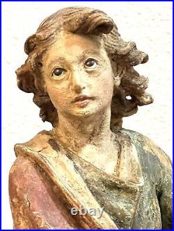 Antique Italian Hand Carved Wood Painted Glass Eyes Santos Figure Of Saint John