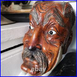 Antique Japanese Carved Wood Noh Theatre Puppet Head Glass Eyes Decorative