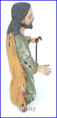 Antique Jesus Wood Statue Hand Carved Religious Polychrome Glass Eyes