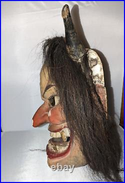 Antique Meiji Period Japanese Hannya Carved Wood Noh Mask with Glass Eyes