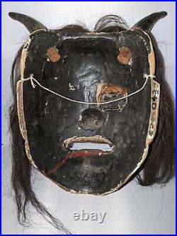 Antique Meiji Period Japanese Hannya Carved Wood Noh Mask with Glass Eyes