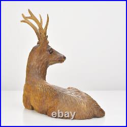 Antique Stag Figurine Carved Wood w. Glass Eyes Brienz Black Forest