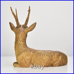 Antique Stag Figurine Carved Wood w. Glass Eyes Brienz Black Forest