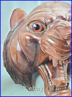 Antique Vintage Large Carved Wood Lion's Head Bust Glass Eyes Carousel Type