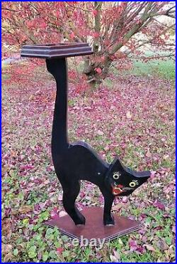 Antique Vintage Wood Folkart Halloween Scaredy Cat Table Stand Glass Eyes 24.5T