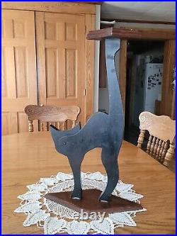 Antique Vintage Wood Folkart Halloween Scaredy Cat Table Stand Glass Eyes 24.5T