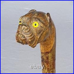 Antique Walking Stick Cane Dog Face Wooden Folk Art Eyes Glass Rare Old 19th