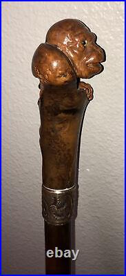 Antique Wood Cane Hand Carved Monkey Handle Glass Eyes 35 Long