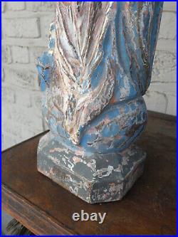 Antique southern europe wood carved polychrome madonna glass eyes statue