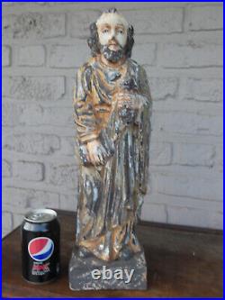 Antique southern europe wood carved polychrome saint peter glass eyes statue