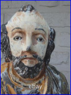 Antique southern europe wood carved polychrome saint peter glass eyes statue